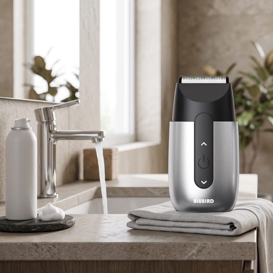 a running tap and a can of shaving foam on the left of a bright bathroom counter and the silver Blubird Hummingbird shaver standing dry on a folded towel on the right, morning light