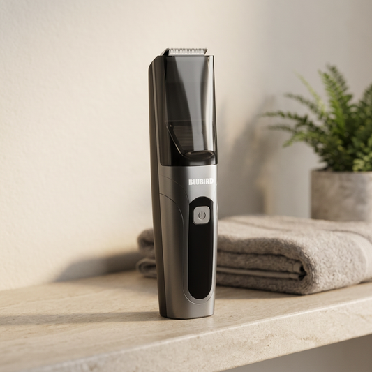 should you shave or trim pubic hair, a Blubird Suckaa vacuum trimmer on a clean warm-lit bathroom shelf