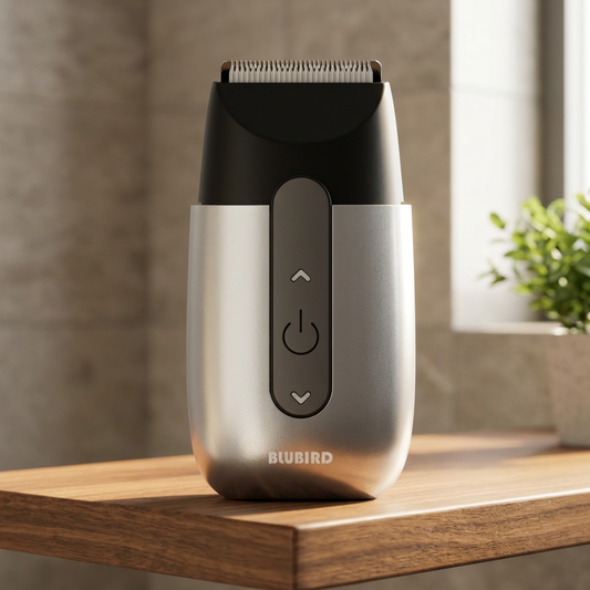 single head rotary shaver, the Blubird Hummingbird on a warm-lit bathroom shelf
