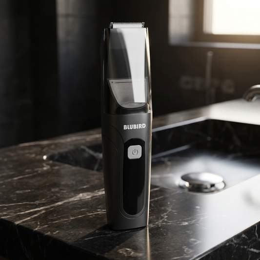trim pubic hair without clogging drain, The Suckaa vacuum trimmer on a dark marble bathroom counter above a clean chrome drain