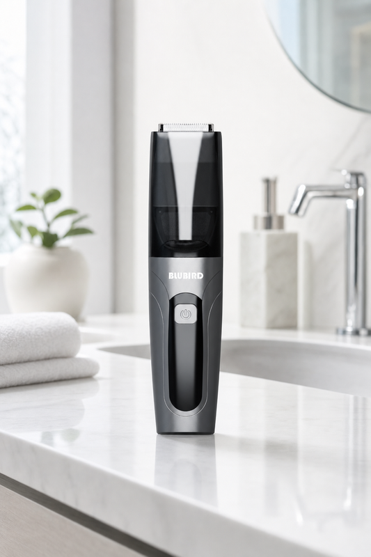vacuum groin trimmer, a silver Blubird Suckaa trimmer standing on a bright Singapore bathroom counter