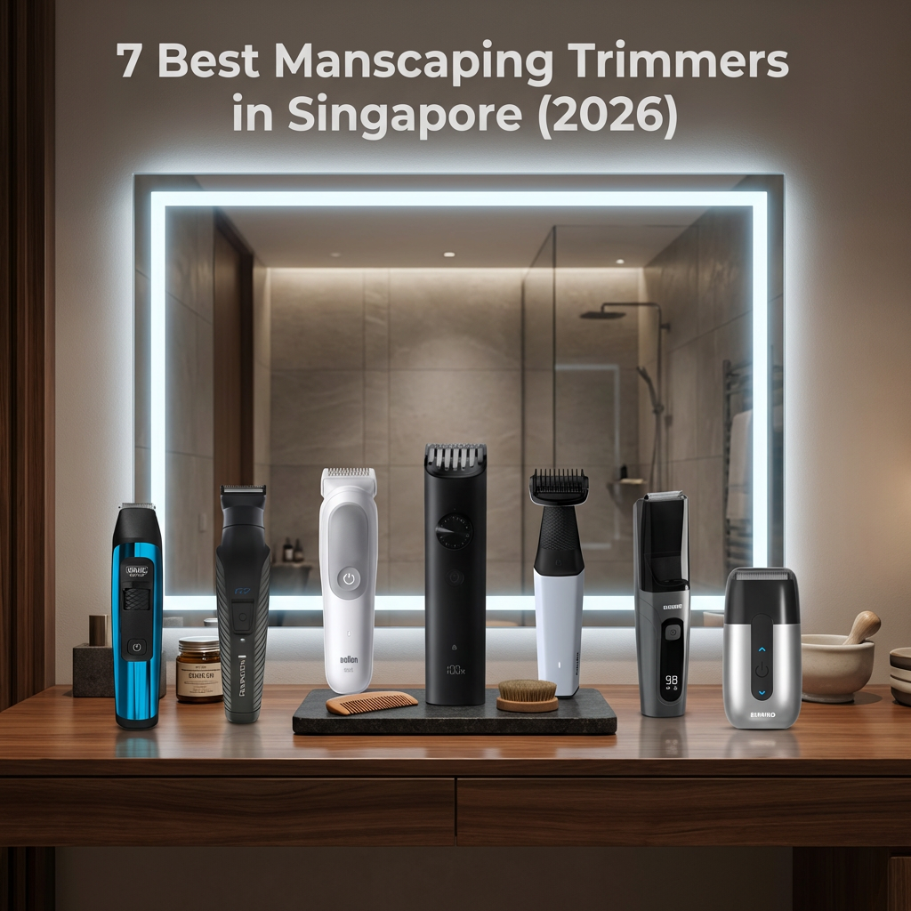 best manscaping trimmer Singapore, modern bathroom vanity with grooming tools
